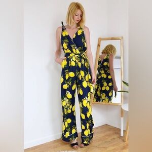 Style Camp Vintage Inspired Cotton Marlene Lemon Print V-Neck Jumpsuit EUC Sz S